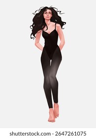 The young vector elegant beautiful fashion girl in modern casual clothes, posing. Stylish look. Hand drawn trendy style fit female character in elegant outfit. Creative art for fashionable design. 