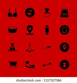 young vector icons set. with mobile phone, shopping cart, cologne spray and hotel reception in set