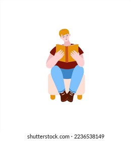 Young vector person reads book. Cartoon man sit on the chair. His hobby is reading tutorials. Illustration is in flat style