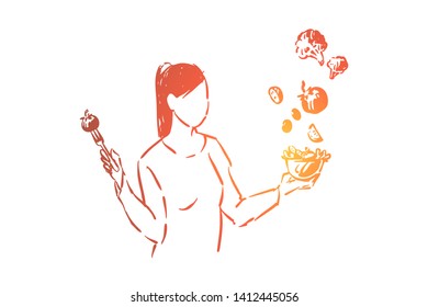 Young vegan holding fork with tomato and salad bowl, vitamin diet, faceless woman eating organic nutrient meal
