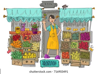 A young vendor girl near street shop full of vegetables and fruits in cardboard boxes. Cartoon.