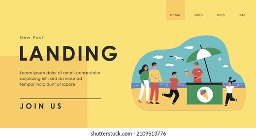 Young vendor selling ice cream on beach. Flat vector illustration. Happy children running up to get ice cream, couple walking along embankment. Summer, resort, dessert, heat concept for banner design