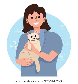 young vet holds a kitten in her arms, beware of animals.