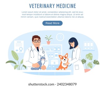 Young veterinarians examining cute animals cat and dog on pet hospital background. Veterinary medicine website template with button. Flat line internet web page Vet clinic homepage vector illustration