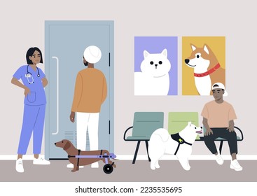 A young veterinary doctor talking to visitors in the lobby, domestic animals health care