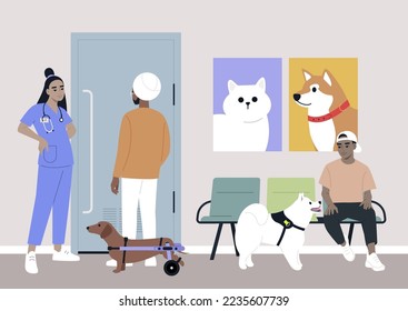 A young veterinary doctor talking to visitors in the lobby, domestic animals health care