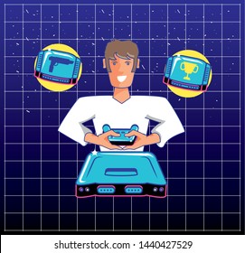 young video gamer with control and console