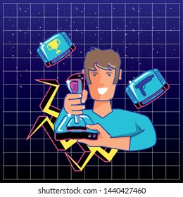 young video gamer with joystick