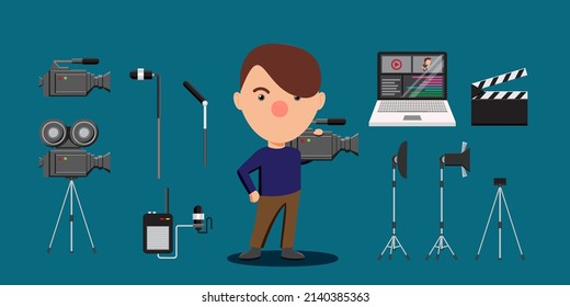 Young videographer man with equipment of his work, camera, wireless microphone, studio lighting, slate and laptop computer in cartoon style for graphic designer, vector illustration