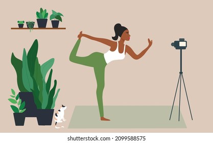 Young vlogger making content and record video on social media vector illustration. Influencer, blogger, vlogger and content creator concept
