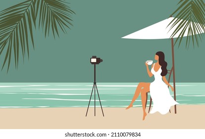 Young vlogger making content and record video on social media vector illustration. Influencer, blogger, vlogger and content creator concept