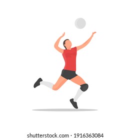 Young volleyball player. Female athlete. Sportswoman concept. Beach volley tournament. Women sports team. Athletic woman. Smash or serve pose. Healthy activity. Human health flat vector illustration.