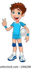 Young volleyball player. Funny cartoon and vector isolated character.