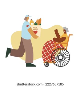 A young volunteer caring for an elderly retired woman in a wheelchair helps and supports her after her retirement. Youth volunteering with old concept. Cartoon flat vector illustration