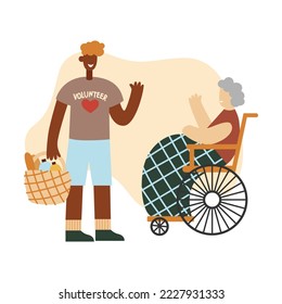 A young volunteer caring for an elderly retired woman in a wheelchair helps and supports her after her retirement. Youth volunteering with old concept. Cartoon flat vector illustration