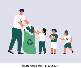 young volunteer and children collecting garbage. Environmentalism and Plastic awareness. Diverse group of people team with recycle project, picking up trash in the park volunteer community service.