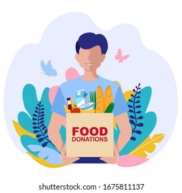 Young Volunteer with food donation boxes. Vector concept illustrations. Food donation concept with character. Can use for web banner, infographics, hero images.  svg