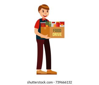 young volunteer with food donation for food drive vector illustration