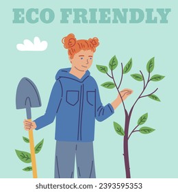 Young volunteer girl plant trees in city park. ECO friendly cartoon poster. Environmental care vector flat illustration. Improve the environment, Save nature, prevent global warming