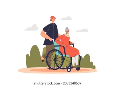 Young volunteer man helping senior lady on wheelchair. Guy carrying older grandmother woman. Volunteering and taking care of old concept. Cartoon flat vector illustration