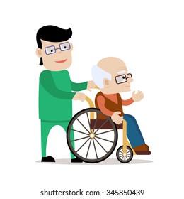 Young volunteer man pushing wheelchair with disabled old bald man. Flat vector characters on isolated background. Illustration of caring, helping and supporting  elderly people.