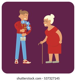 Young volunteer man and senior, old woman. Isolated Flat style illustration of nursing home care. Vector eps 10