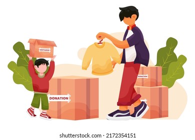 Young volunteer man and woman collect donations with Food and clothes donation. Social care and charity concept in cartoon style, Vector illustration.