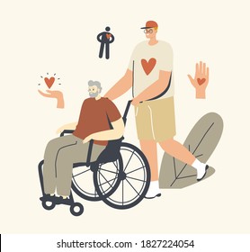 Young Volunteer or Nurse Social Worker Care of Seniors Driving Sick Man on Wheelchair, Character Help to Old Disabled People in Nursing Home. Healthcare, Medical Aid. Linear People Vector Illustration