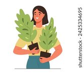 Young volunteer with plants in her hands. Environmental care and volunteerism concept, spring gardening. Flat cartoon vector illustration isolated on white background