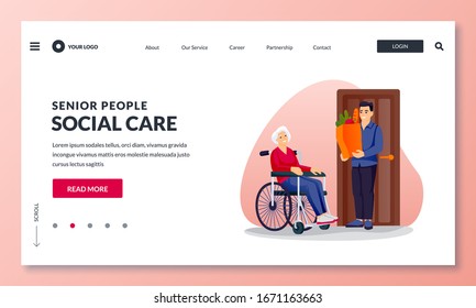 Young volunteer social worker delivers grocery food to elderly woman on wheelchair. Vector flat cartoon characters illustration. Taking care of seniors people and disabled.