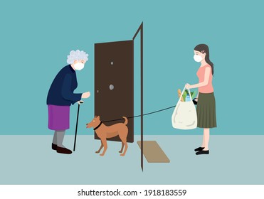 Young volunteer woman helping elderly woman with the grocery and walking her dog in the outbreak. Volunteering concept.