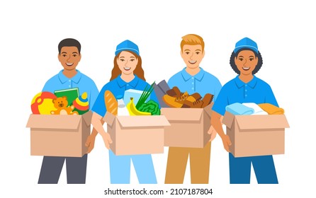 Young volunteers, boys and girls stand and hold boxes with goods for charity such as food, clothes, shoes, toys. Community support for poor people in need. Social care concept. Cartoon illustration