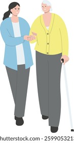 Young Volunteers Character Care for Elderly People. Flat Vector Illustration.