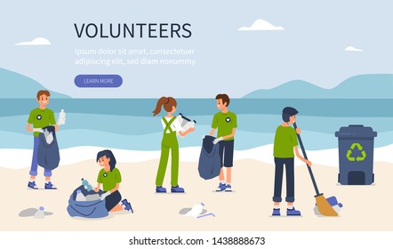 Young volunteers clean beach from plastic. Flat style vector illustration isolated on white background.