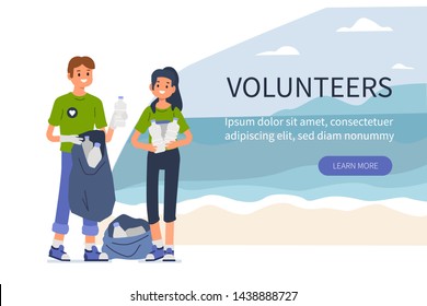 Young Volunteers Clean Beach From Plastic. Flat Style Vector Illustration Isolated On White Background.
