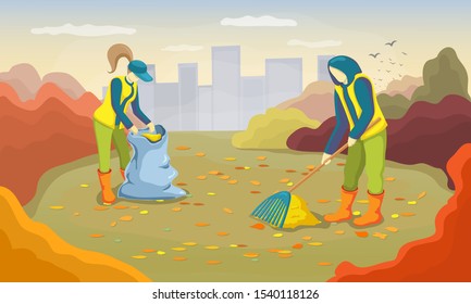 Young volunteers cleaning up autumn leaves in the city park. man and woman working and raking foliage at garden. Vector illustration of Autumn cleanup day. Seasonal cleaning service concept.