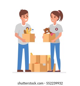 
Young Volunteers with  donation boxes. Vector concept illustration. svg