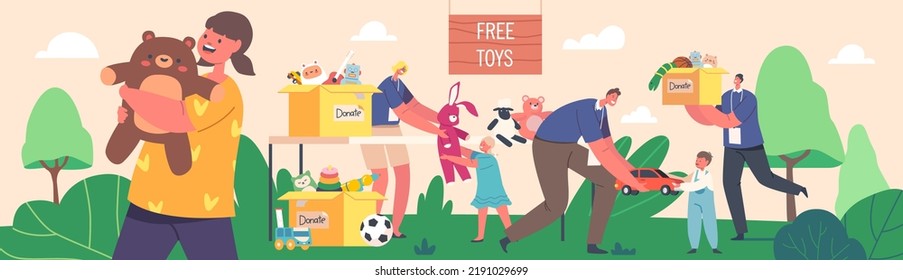 Young Volunteers Giving Toys to Orphan Kids around Carton Donation Box with Goods for Children. Male and Female Character Altruistic Help to Poor Kids, Charity. Cartoon People Vector Illustration
