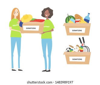 Young volunteers holding boxes with grocery products. Vector set of two women and three donation boxes: clothes, food and toys. Charity organization members.
Volunteering and donations banner template