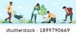Young volunteers plant trees in city park in the spring. Group people work together to improve the environment. Flat vector illustration