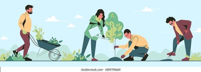 Young volunteers plant trees in city park in the spring. Group people work together to improve the environment. Flat vector illustration - Shutterstock ID 1899790669