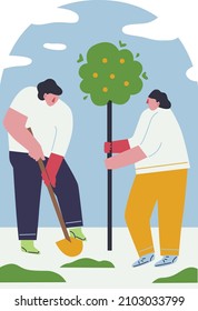 Young volunteers plant trees in city park in the spring. People work together to improve the environment. Flat vector illustration. Hello spring conception. Man cartoon characters. Isolated.