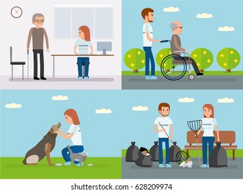 A young volunteers. Social projects to help people. Flat vector illustration. Assistance for the disabled, the elderly, garbage, protect the environment, help homeless animals.