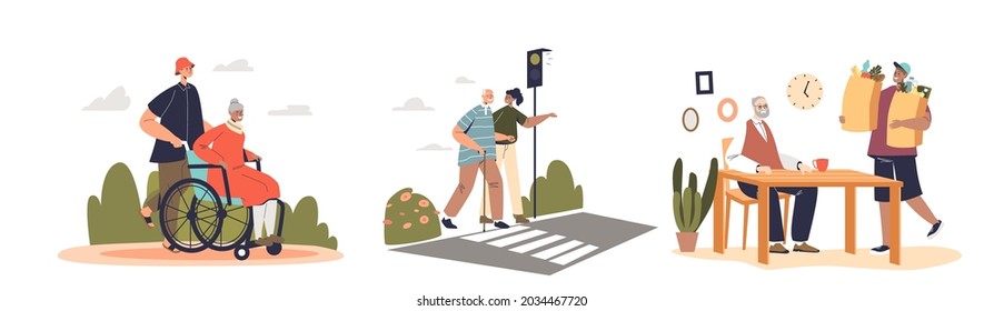 Young volunteers taking care of senior retired people helping and supporting older men and women after retirement. Youth volunteering with old concept. Cartoon flat vector illustration