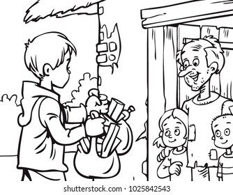 Young volunteers. Vector character design on food donation, charity or food drive