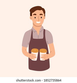 A young waiter, barista prepared delicious aromatic coffee. Restaurant staff characters design. Vector hand drawn illustration.