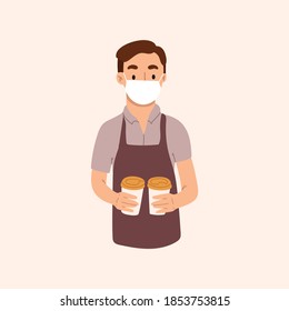 A young waiter, barista prepared delicious aromatic coffee. Restaurant staff characters design with face mask to protect against the virus. Vector hand drawn illustration.