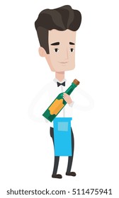 Young waiter holding a bottle of alcohol. Caucasian waiter standing with bottle of wine in hands. Waiter presenting a wine bottle. Vector flat design illustration isolated on white background.