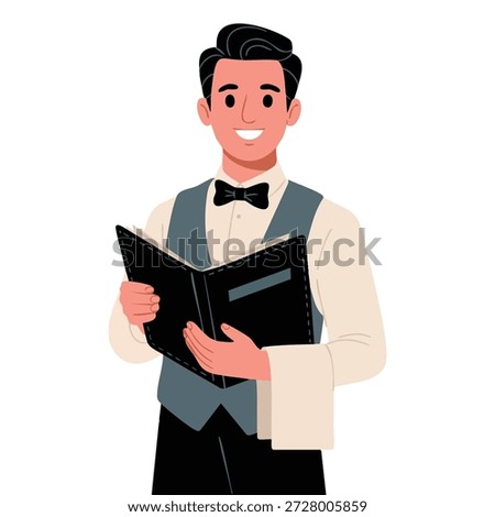 Young waiter holding menu flat vector illustration suitable for National Waiters Day hospitality event service or celebration themed creative artwork