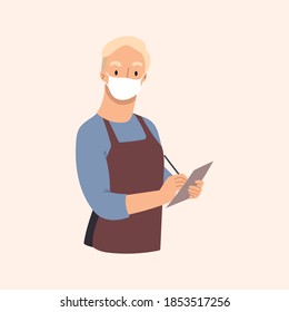 Young waiter jotting down visitor's order in notebook.Restaurant staff characters design with face mask to protect against the virus.Vector hand drawn illustration.